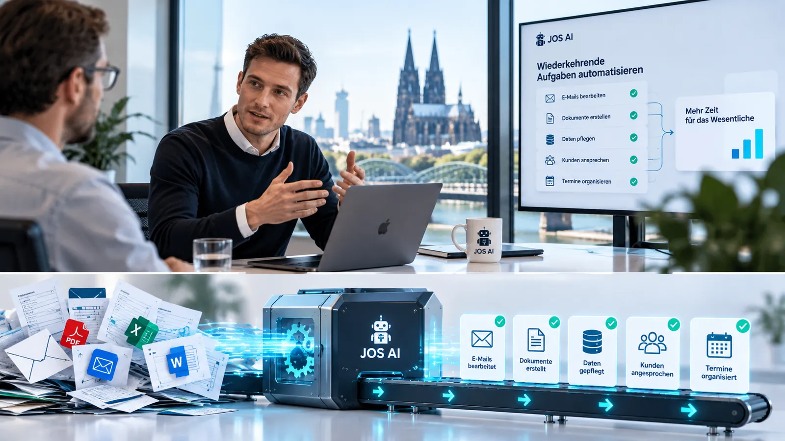 Illustration: Besprechung vor einem Bildschirm mit der Liste „Wiederkehrende Aufgaben automatisieren“; darunter eine JOS-AI-Maschine, die Dokumente zu erledigten Aufgaben verarbeitet.