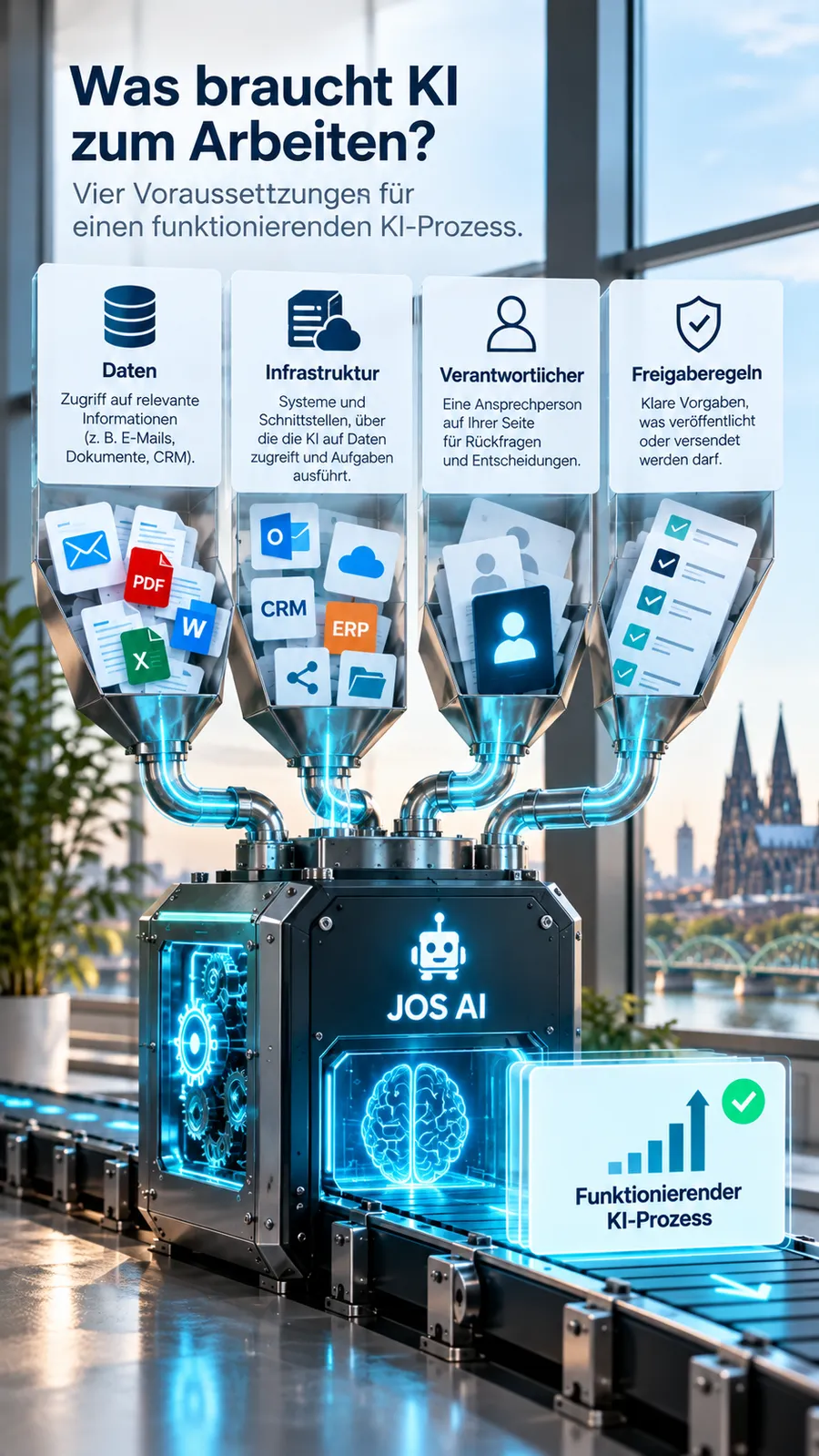 Illustration: Vier Trichter mit Daten, Infrastruktur, Verantwortlichem und Freigaberegeln füllen eine JOS-AI-Maschine, aus der ein funktionierender KI-Prozess kommt.