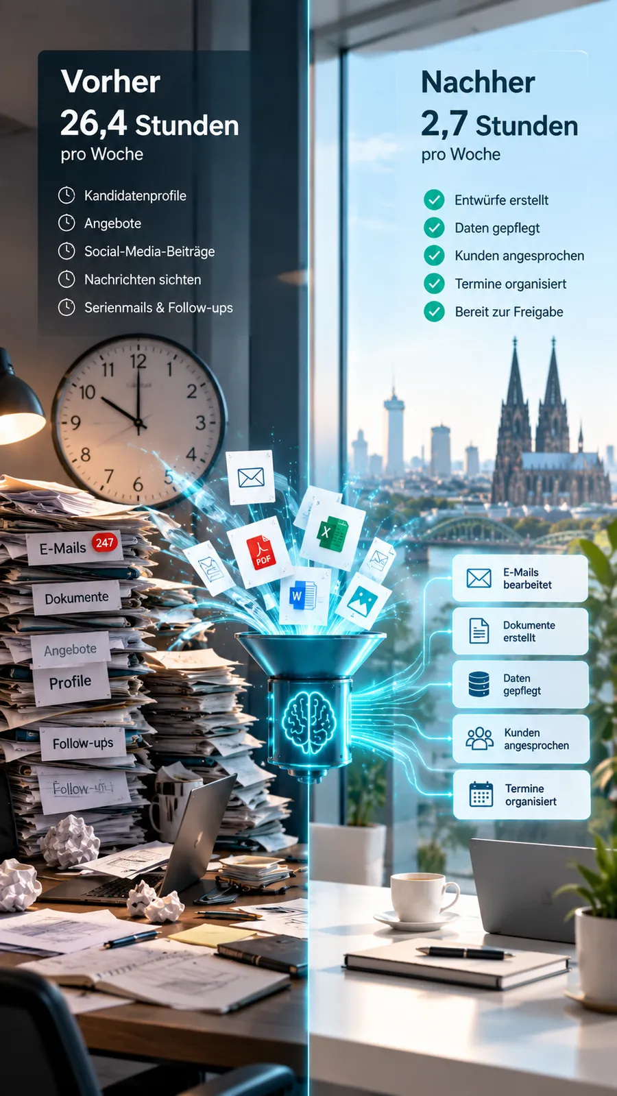 Illustration: Vorher 26,4 Stunden pro Woche an einem Schreibtisch voller Papierstapel, nachher 2,7 Stunden mit erledigten Aufgaben aus dem KI-Trichter; im Hintergrund der Kölner Dom.