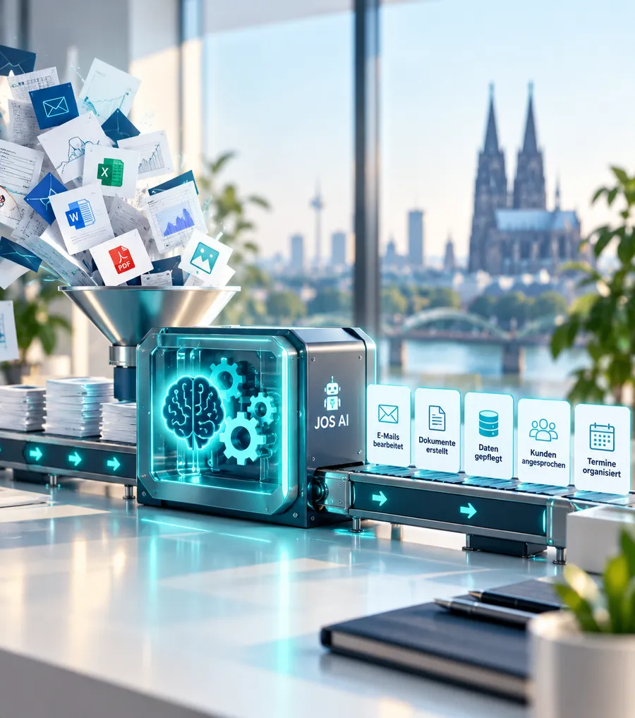 Illustration: Eine Maschine mit der Aufschrift JOS AI nimmt E-Mails, Tabellen und Dokumente auf; heraus kommen erledigte Aufgaben, im Hintergrund die Kölner Skyline.