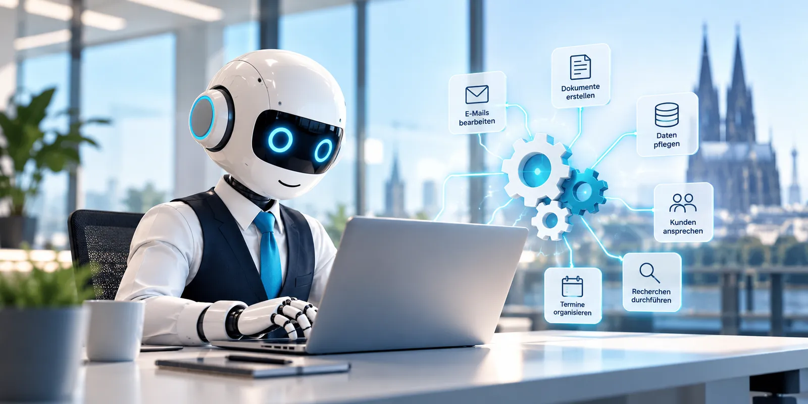 Illustration: Ein Roboter arbeitet am Laptop in einem Kölner Büro; daneben Symbole für E-Mails, Dokumente, Daten, Kunden und Termine, im Hintergrund der Kölner Dom.